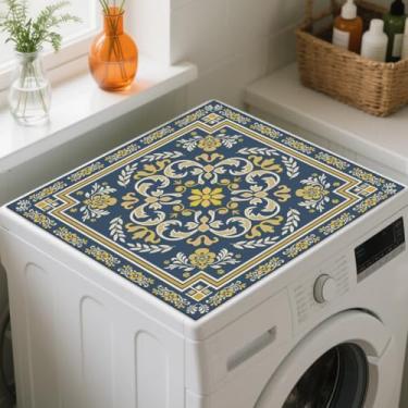 Imagem de GLOBLELAND Tapete retrô azul boho arte lavanderia lavadora secadora capa contra poeira 59,9 x 59,9 cm boêmio floral máquina de lavar protetor superior almofadas vintage antiderrapante lavagem poeira