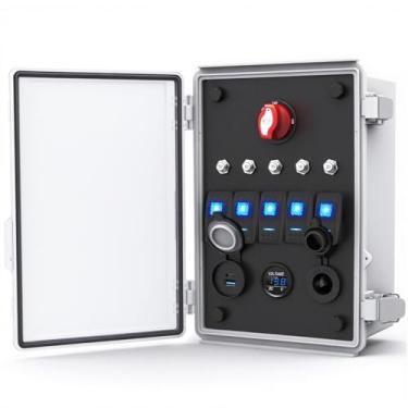 Imagem de AMOMD Caixa elétrica de interruptor basculante à prova d'água de 12 V com interruptor de bateria de 150 A, painel de interruptores de calibre 5, QC3.0 e PD30W, carregador de tomada, disjuntor de