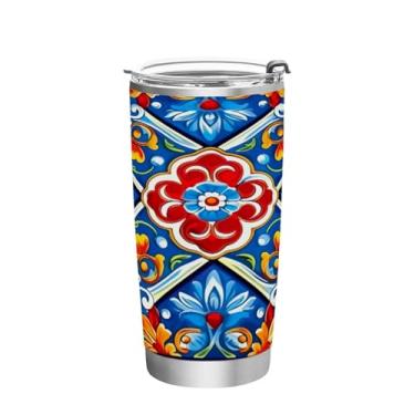 Imagem de Blueangle Copo de 590 ml com tampa e canudo, copo térmico de aço inoxidável com isolamento a vácuo, caneca térmica de cerâmica mexicana para bebidas quentes e frias (95)