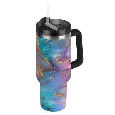 Imagem de SEHANY Copo colorido com padrão de mármore 1,134 g com tampa e canudo, aço inoxidável de vácuo duplo isolado garrafa de água esportiva suporte para copo de café de viagem à prova de vazamento para