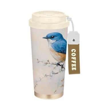 Imagem de SEHANY Caneca de viagem de pássaro colorida de 482 g Copos de café reutilizáveis revestidos de cerâmica com tampa à prova de vazamento, parede dupla, copo de café de aço inoxidável isolado a vácuo