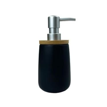 Imagem de Frasco Porta Sabonete Liquido 500ml Cerâmica com Madeira Válvula Prata para Banheiro- Design Natureba para Banheiro(Preto)