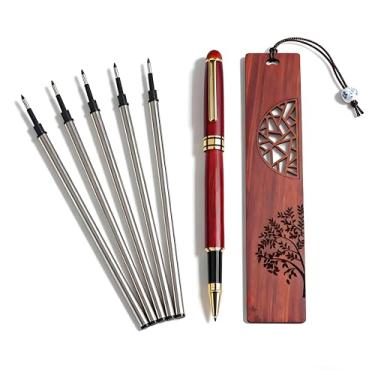 Imagem de Caneta esferográfica de sândalo, com 5 recargas, marcador de livro de madeira esculpida a céu aberto, (marrom faia)