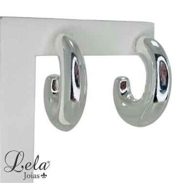 Imagem de Brinco semi argola com tarraxa folheado a ródio branco - LELA JOIAS