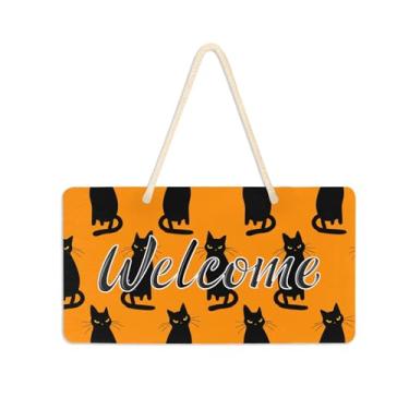 Imagem de Burbuja Placa de boas-vindas de gatos pretos para porta da frente, placa de boas-vindas de PVC para decoração de férias, 15 x 28 cm