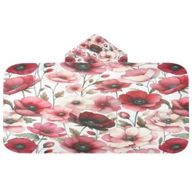 Imagem de Burbuja Toalha de banho com capuz de flores vermelhas para crianças, toalha de praia de pelúcia macia absorvente para chá de meninas e meninos 3-10 anos, 61 x 127 cm