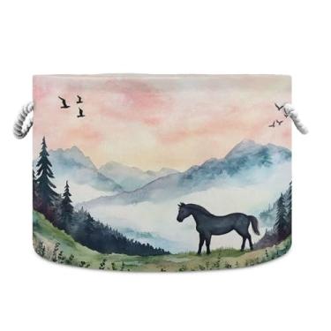 Imagem de Burbuja Cavalo nas montanhas cesta de armazenamento redonda com alças de corda de algodão, cesta de lavanderia para cobertores, brinquedos, berçário, decoração de sala de estar