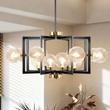 Imagem de 12 lustres pretos claros para casa de fazenda, metal geométrico, luminária, sala de jantar, lustres pretos ajustáveis em altura para sala de jantar, vidro transparente, luzes pendentes industriais