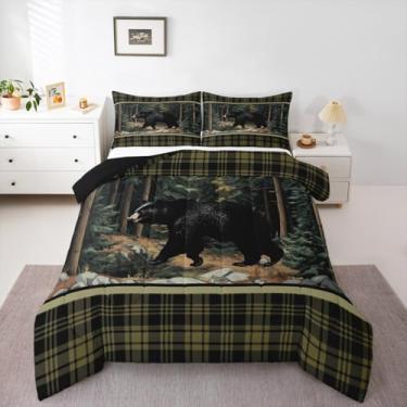 Imagem de Feelyou Conjunto de cama com urso, macio para meninos e meninas, cabana rústica, tamanho king, natureza, vida selvagem, urso, edredom de microfibra, xadrez, decoração de quarto, animal selvagem, 3