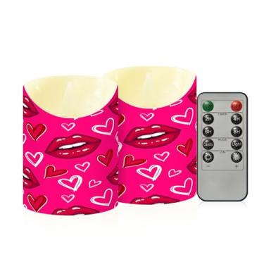 Imagem de Wassud Pacote com 2 velas de lábios vermelhos sem chama com controle remoto, velas realistas cintilantes com temporizador, velas decorativas para Natal, casamento, festa, decoração de casa pequena