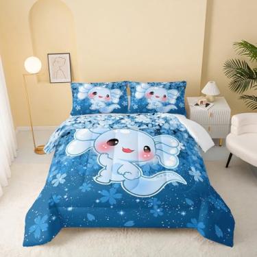 Imagem de QOOMO Conjunto de edredom kawaii, tamanho casal, estampa de cereja, para adolescentes, meninos e meninas, azul com 2 fronhas, macio e leve