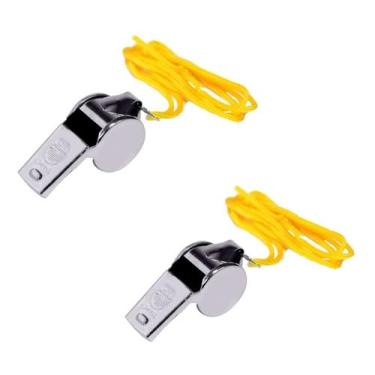 Imagem de Apito Profissional De Metal, Prata, Com Cordão Amarelo, 4.5cm x 2cm, 2 Unidades, Para Aulas De Educação Física e Treinamentos