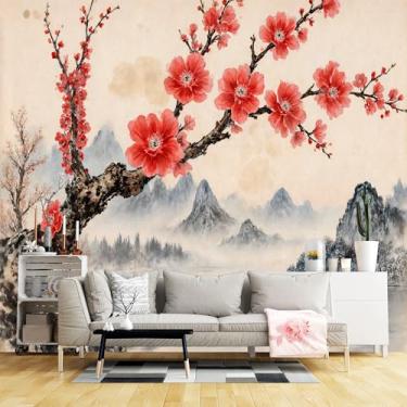 Imagem de Murais de parede de tamanho personalizado, tecido de parede autoadesivo de flor de ameixa de lavagem de tinta oriental (sem PVC) papel de parede grande removível para sala de estar, quarto, escritório