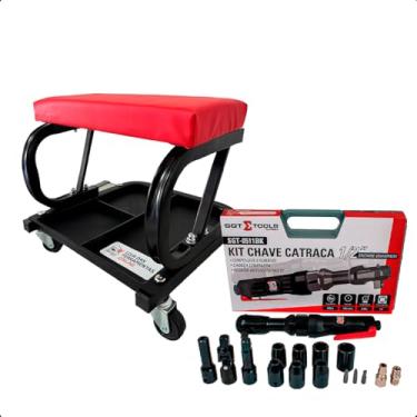 Imagem de Kit Catraca Pneumática 69 Nm 160 rpm 1/2 SGT0511BK Com Soquetes e Banqueta Profissional Para Serviços Automotivos