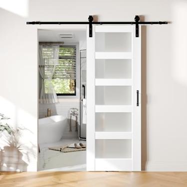 Imagem de ARKHJEM Porta de celeiro deslizante de vidro fosco com 5 painéis, 76 cm x 213 cm, kit de ferragens incluído, montagem necessária, superfície de PVC à prova d'água, fácil instalação para sala de estar,