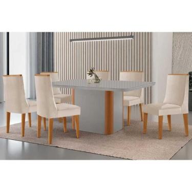 Imagem de Sala Jantar Mesa Pietá Tampo c/ Vidro Curvo 180cm+6 Cadeiras Dakota Naturale/Off White - Suede Creme - Rufato