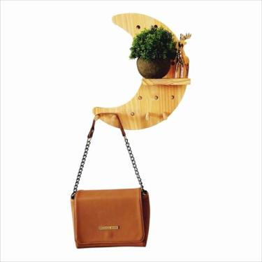 Imagem de KIAGA, Prateleira Pegboard Lua Crescente Em Madeira Pinus com 6 Pinos e 1 Prateleira 13,5cm Tamanho:35,2X31 CM;Cor:PINUS NATURA