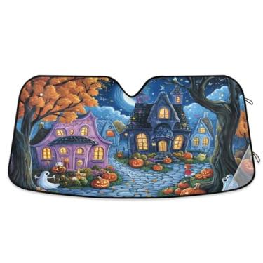Imagem de Proteção solar de casa de abóbora de Halloween para para-brisa de carro, persiana de janela frontal para a maioria dos sedãs, SUV, caminhões, grandes