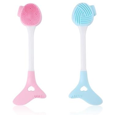 Imagem de 2 peças de escova de limpeza facial de silicone, esfoliante facial de ponta dupla, escova multifuncional de limpeza de poros para limpeza profunda, massagem, remoção de maquiagem (azul, rosa)