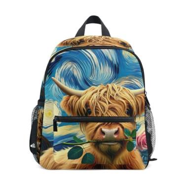 Imagem de GAIGEO Starry Night Highland Calf Kids Backpack, 10x4x12 In, Girls Mini Backpack Includes Water Bottle Pockets, Whistle Clip for Safety