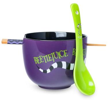 Imagem de Silver Buffalo Beetlejuice Sandworm Tigela de arroz de cerâmica com pauzinhos e colher, segura para micro-ondas, 590 ml