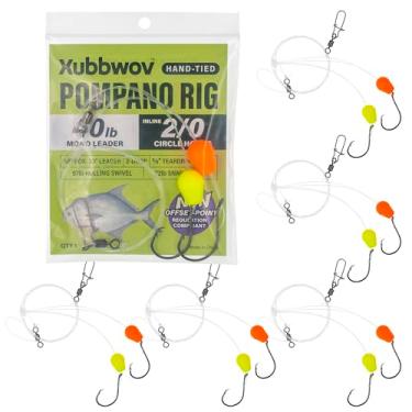 Imagem de Xubbwov Pompano Surf Fishing Rig Pacote com 6 | Amarrado à mão com líder mono de 18 kg e ganchos de círculo em linha 2/0 | Equipamento resistente de 2 gotas HI-LO para cantarilho (amarelo-laranja