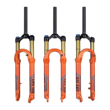 Imagem de BOLANY Garfo de suspensão de bicicleta de 27,5/29" 120 mm viagem 28,6 mm (1-1/8") * 220 mm direção reta sem rosca 9 mm QR * 100 mm versão de freio a disco espaçamento MTB garfos de ar (laranja manual,