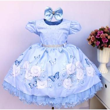 Imagem de Vestido Infantil Daminha Floral Azul Festa Luxo E Tiara - Pingo De Gen
