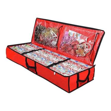 Imagem de Caixa de Armazenamento para Papel embrulho Organizador Embalagens Presentes Sacola sob a Cama com Partição Elástica e Bolso Tecido PE Fitas Decorações