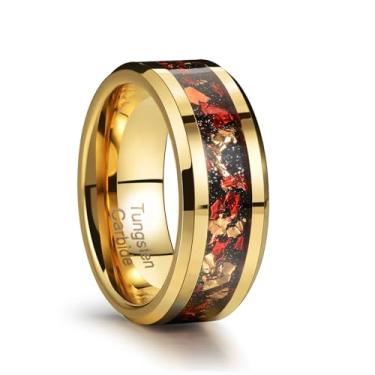 Imagem de Zillaly Anel de casamento masculino de carboneto de tungstênio preto/dourado de 8 mm, nebulosa, galáxia, compromisso, folha de ouro, incrustado, meteorito real, fosco, chanfrado, ajuste confortável,