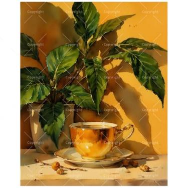 Imagem de Kit de pintura vintage natureza morta por números para adultos - xícara de café faça você mesmo com planta e grãos em tela 40,6 x 50 cm, conjunto de tinta acrílica emoldurada, adequado para iniciantes