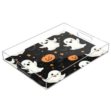 Imagem de xigua Bandeja de servir de acrílico fantasma de Halloween com alças à prova de derramamento, bandejas decorativas de festa de Halloween, bandeja organizadora de bancada para banheiro, cozinha, 30,5 x