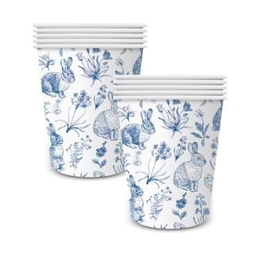 Imagem de JarThenaAMCS Copos de papel de Páscoa, copos de lembrancinha de festa, 255 g, azul, branco, retrô, coelho, coelho, chinoiserie, copo descartável, floral, para primavera, casamento, festa de