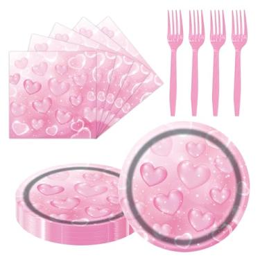 Imagem de Decorações de festa de Dia dos Namorados 18 cm, pratos de papel e guardanapos, garfos, conjunto descartável para 20 - suprimentos de festa de dia das galentinas de coração rosa para chá da tarde