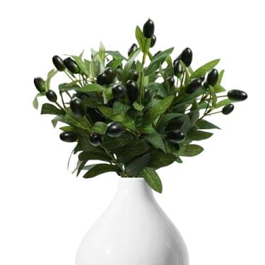 Imagem de 20 ramos artificiais de oliveira com azeitonas realistas, caules de folhas de oliveira falsas para vaso pequeno, plantas falsas de mesa, decoração de vegetação para escritório, mesa de festa de
