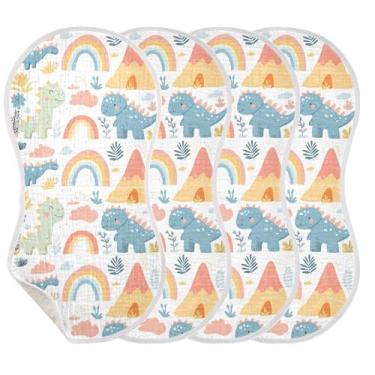Imagem de Wassud Pacote com 4 panos fofos de musselina de dinossauro, babadores de algodão, toalhas de rosto absorventes e macios para arrotos para meninos e meninas recém-nascidos