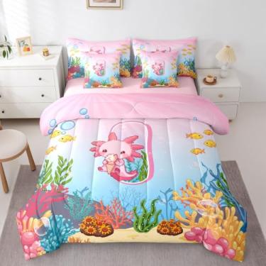 Imagem de Erosebridal Jogo de cama com estampa de Axolotl fofo com estampa kawaii, letra I, conjunto completo de 7 peças, para crianças, meninas, adolescentes, rosa, azul, ombré, alfabético, em uma bolsa com