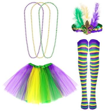 Imagem de Sucrain Conjunto de 6 peças de acessórios de fantasia de carnaval, saia tutu, faixa de cabeça de penas sintéticas, 3 peças de contas de carnaval, meias longas listradas para festa de carnaval
