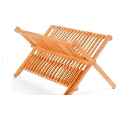 Imagem de Escorredor de bambu, 43x34 cm, 14 compartimentos, dobrável, adequado para pratos e xícaras.