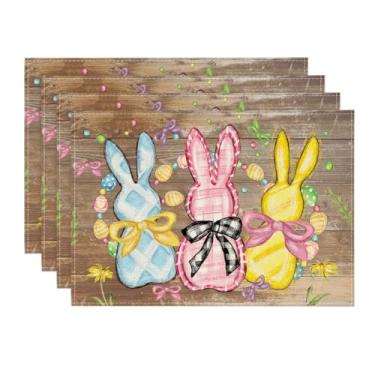 Imagem de Artoid Mode Jogo americano de coelhinho de madeira, ovos, Páscoa, conjunto com 4, laço floral de 30,5 x 45,7 cm, tapetes de mesa sazonais para festas, cozinha, decoração de jantar