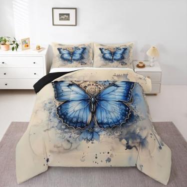 Imagem de Erosebridal Jogo de cama Queen com borboleta azul, aquarela, para adolescentes, crianças, estilo industrial, vintage, estilo pastel, floral, macio, quente