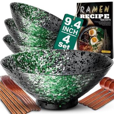 Imagem de Conjunto de 4 tigelas de cerâmica para ramen de 24 cm (17 peças) - Porcelana Japonesa Salada Noodles Cereais Frutas Massa Sopa Tigelas Grandes com Receitas Pauzinhos, Garfos, Colheres, Presente para
