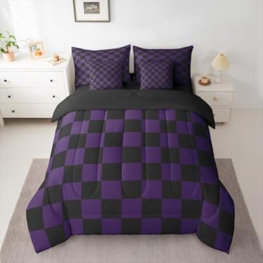 Imagem de Feelyou Jogo de cama queen quadriculado com lençol para crianças, meninos, meninas, roxo, preto, xadrez, 7 peças, fofo, retrô, neutro, quadriculado, geométrico, vintage, decoração de quarto macio