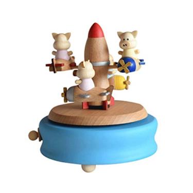 Imagem de pcagfaajmh Caixa de música criativa da nave espacial Piggys de madeira pintada à mão