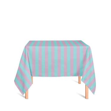 Imagem de Toalha de Mesa Quadrada em Tecido Jacquard Azul Turquesa  e Rosa Listr