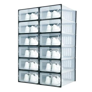 Imagem de SUGOOE Pacote com 12 caixas de armazenamento de sapatos, organizador de sapatos empilhável de plástico transparente para armário, sapateira dobrável com tampas para entrada, armário, embaixo da cama