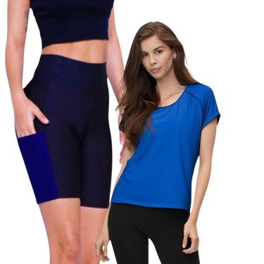 Imagem de Kit Conjunto Camiseta Blusinha DRY + Short Leg Legging COM BOLSOS Corrida Academia Fitness 636-Feminino
