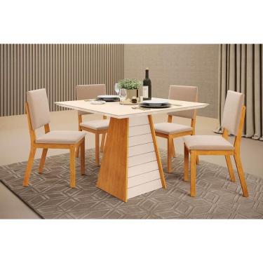 Imagem de Conjunto: Mesa de Cozinha Fler c/ Tampo Madeirado c/ Vidro 90x90cm e 4 Cadeiras Talia Cedro/Off White - Suede Creme - DJ Móveis