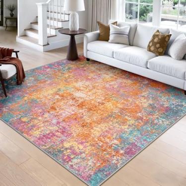 Imagem de RELEANY Tapetes laváveis, quadrados, 2,4 m, antiderrapantes, modernos, abstratos, macios para sala de estar, entrada, quarto, berçário, padrão, laranja, azul, rosa, amarelo, colorido