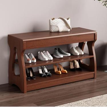 Imagem de Banco de sapato de entrada de madeira, banco de armazenamento rústico de 2 níveis, organizador de banco de sapateira, banco de canto para sala de estar corredor porta de mudroom (marrom, 80 x 30 cm